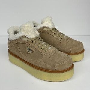 Prada Taupe Suede Platform Ankle Boots with Shearling Collar